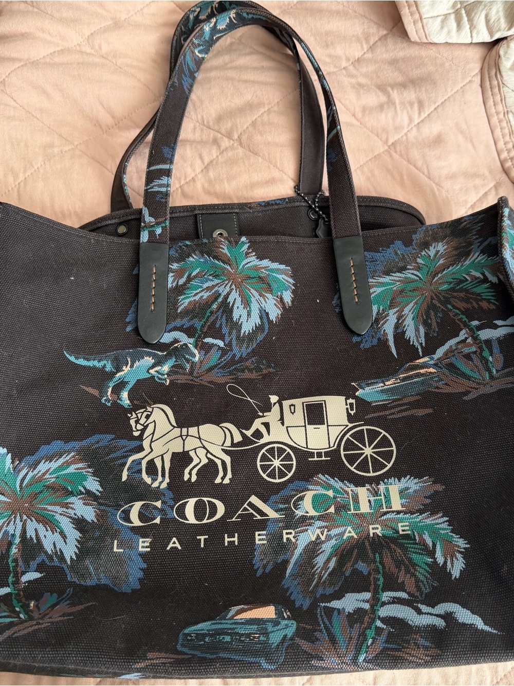 Coach Rexy Black Tote with Teal & Blue Palm Print